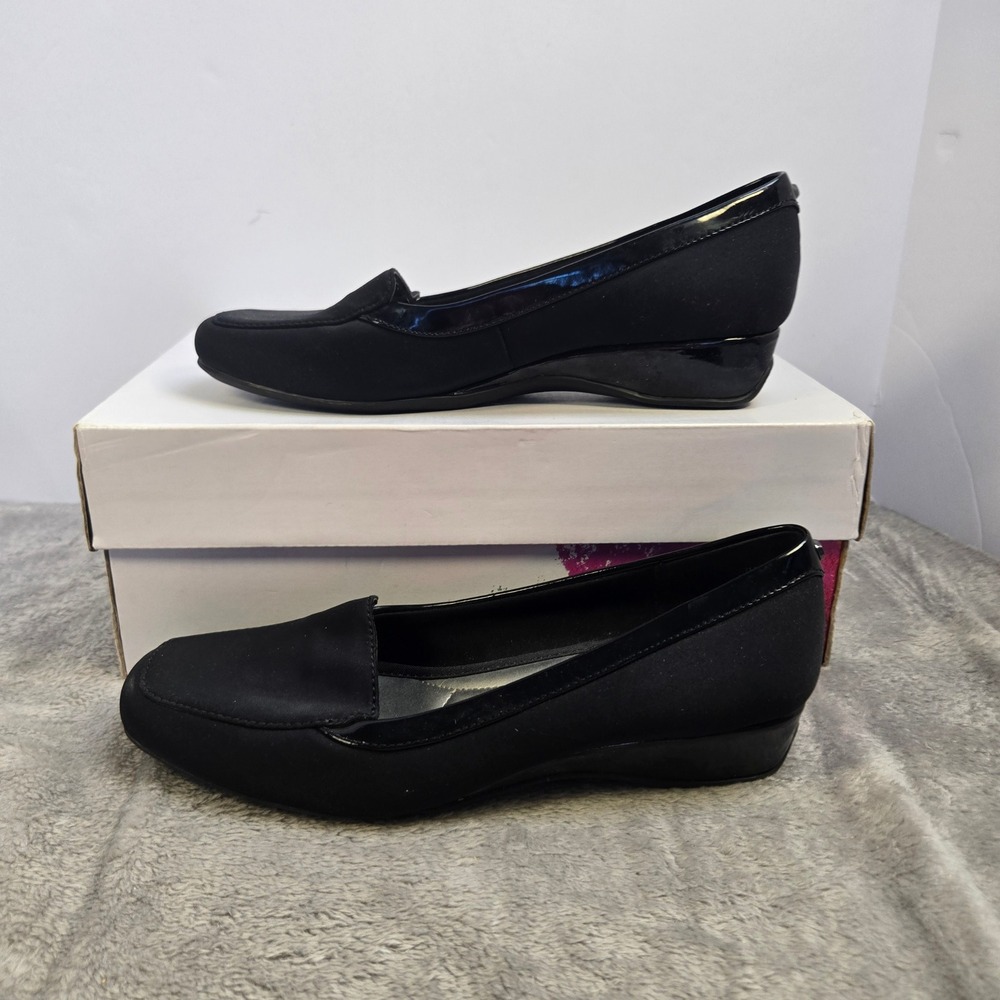 Bandolino B-Flexible Lilas Black Textile Patent Trim Wedge Loafers Womens 7M